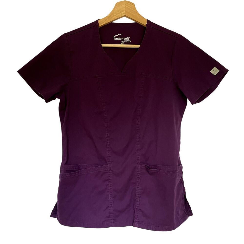 Butter-soft stretch purple scrubs top women's size XS pockets lightweight